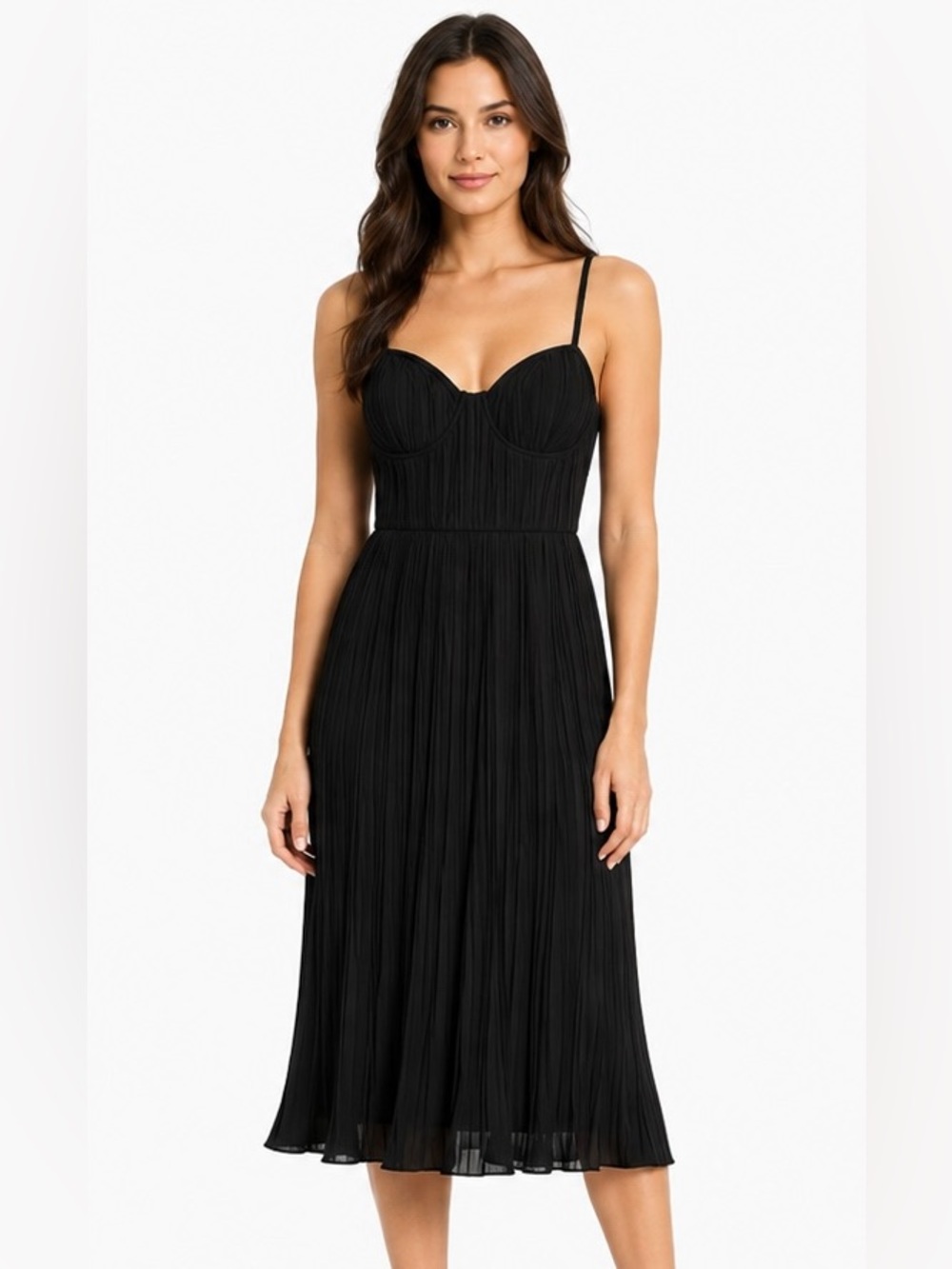 DKNY Black Pleated Midi Dress with Spaghetti Straps